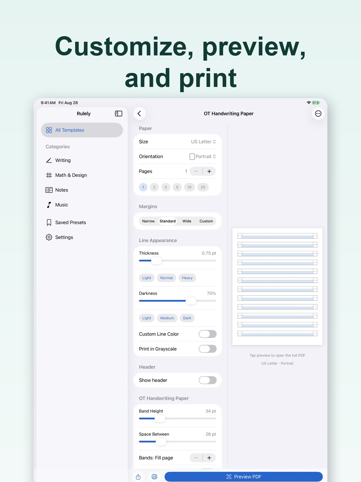 Customizing and previewing a handwriting sheet in Rulely