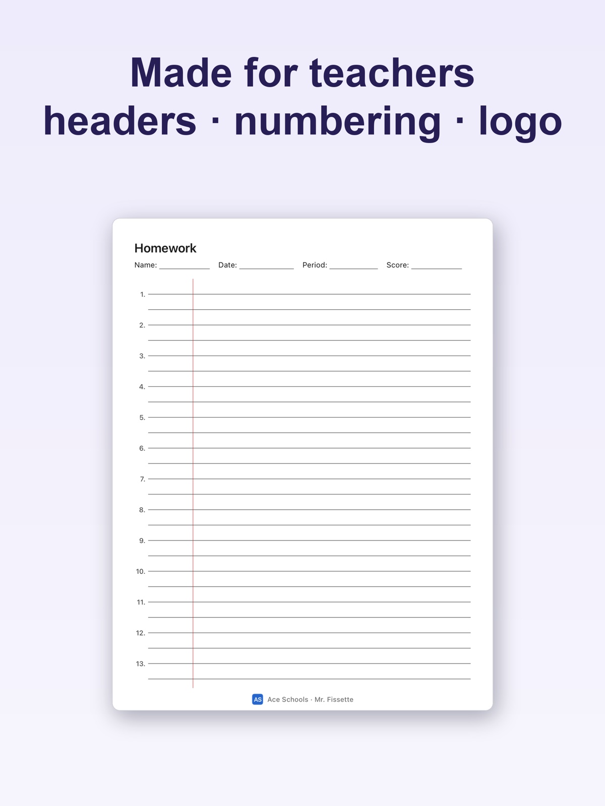 Teacher options — headers, page numbering, and logo