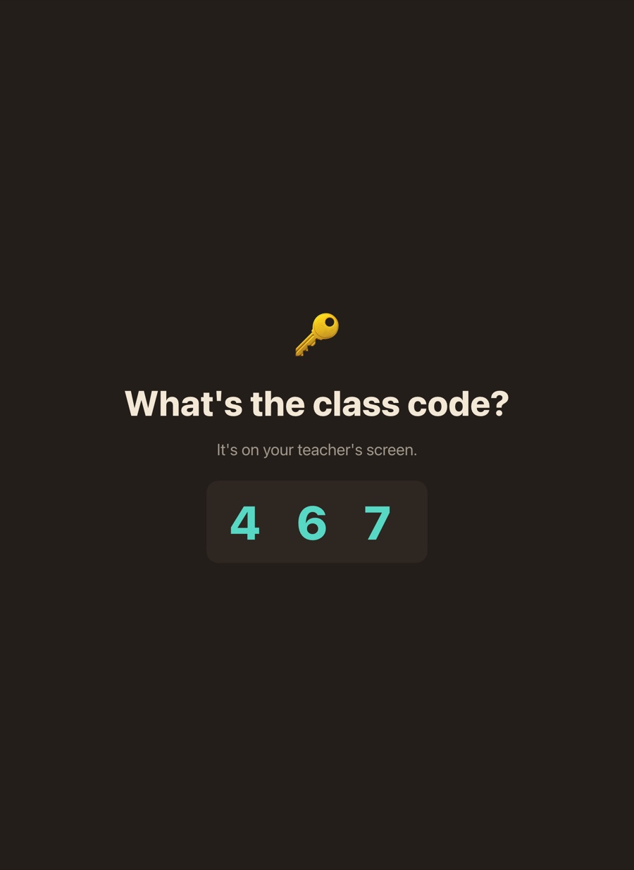 Student screen asking 'What's the class code?' — it's on your teacher's screen