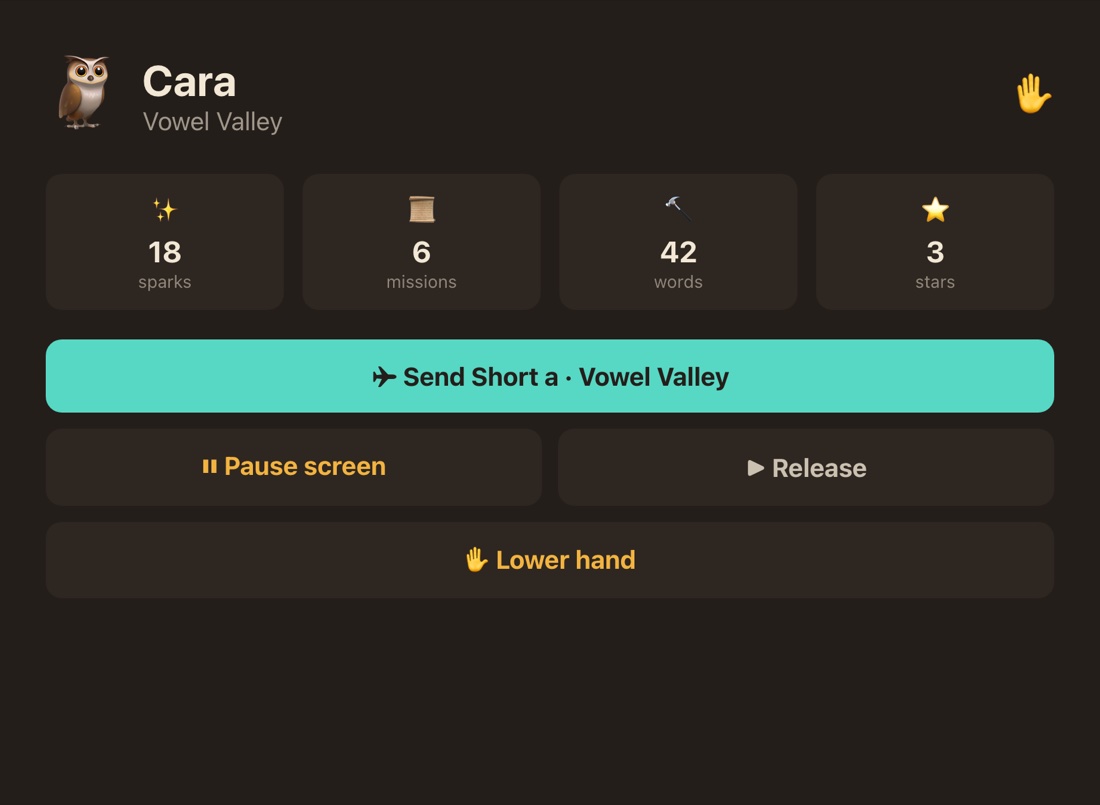 Per-student sheet for Cara: sparks, missions, words, stars, send activity, pause screen, release, lower hand