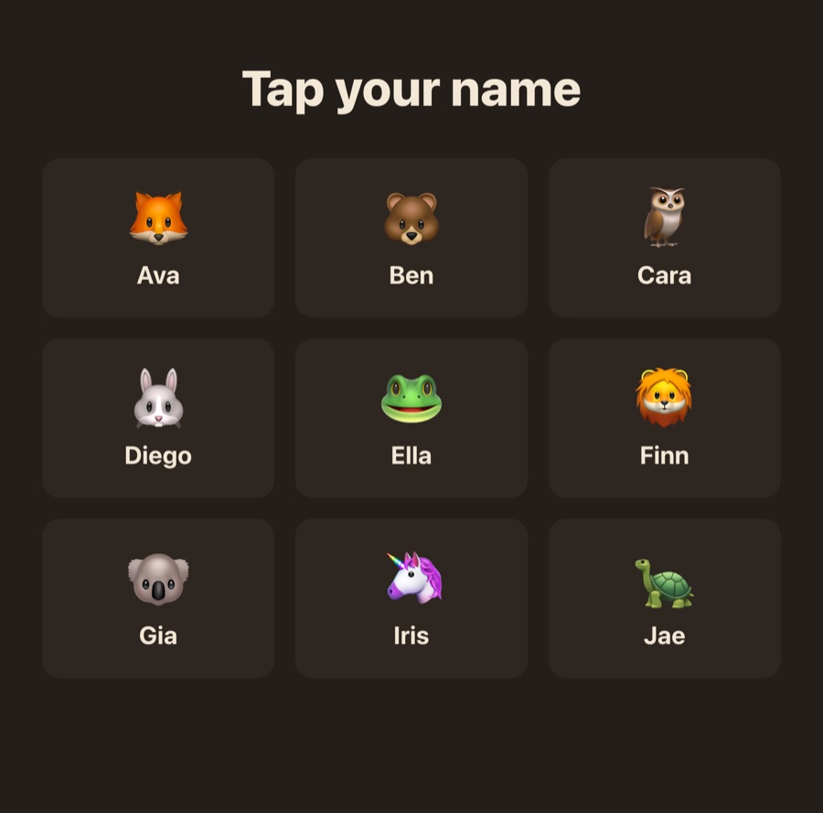 'Tap your name' — a grid of student first names with animal avatars