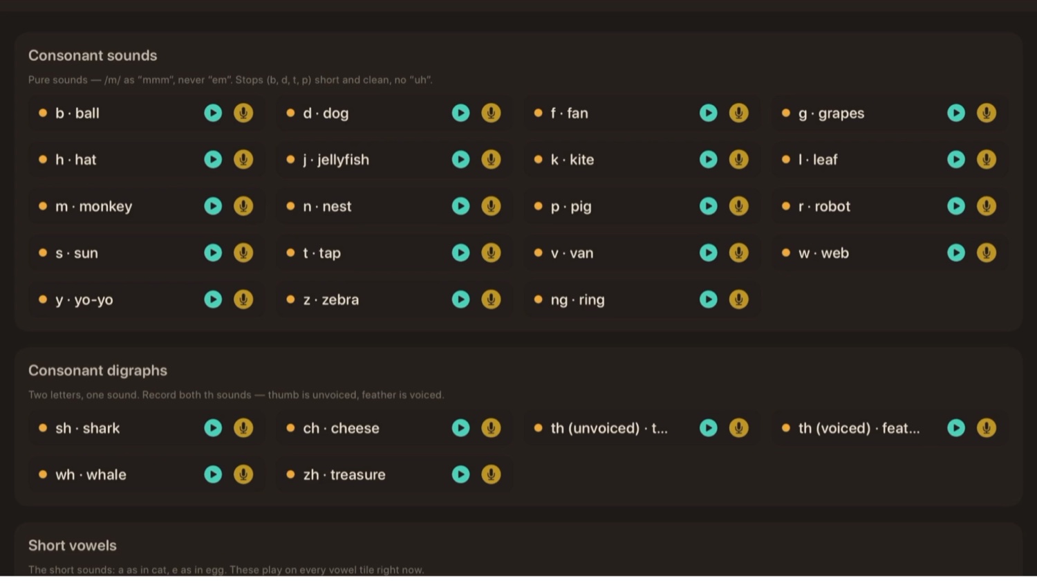 The recording booth: all 44 speech sounds grouped by consonants, digraphs, and vowels, each with a play and record button, and guidance to record pure sounds with no added 'uh'