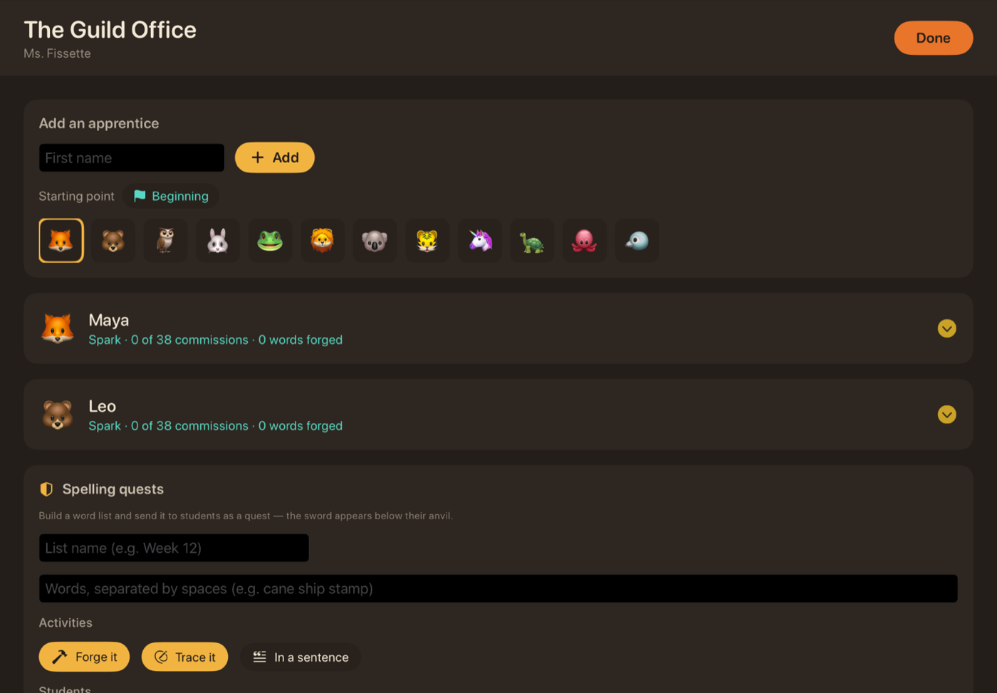 The Guild Office teacher dashboard: student roster with ranks and progress, recording booth, and accessibility settings