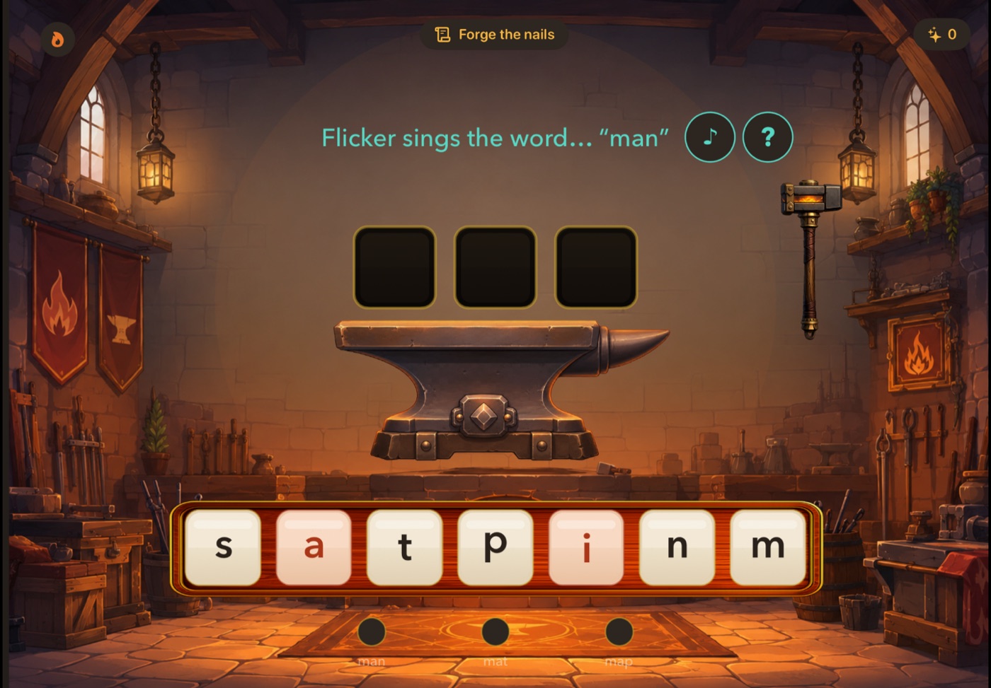 The anvil screen: forging the word 'dad' from letter tiles