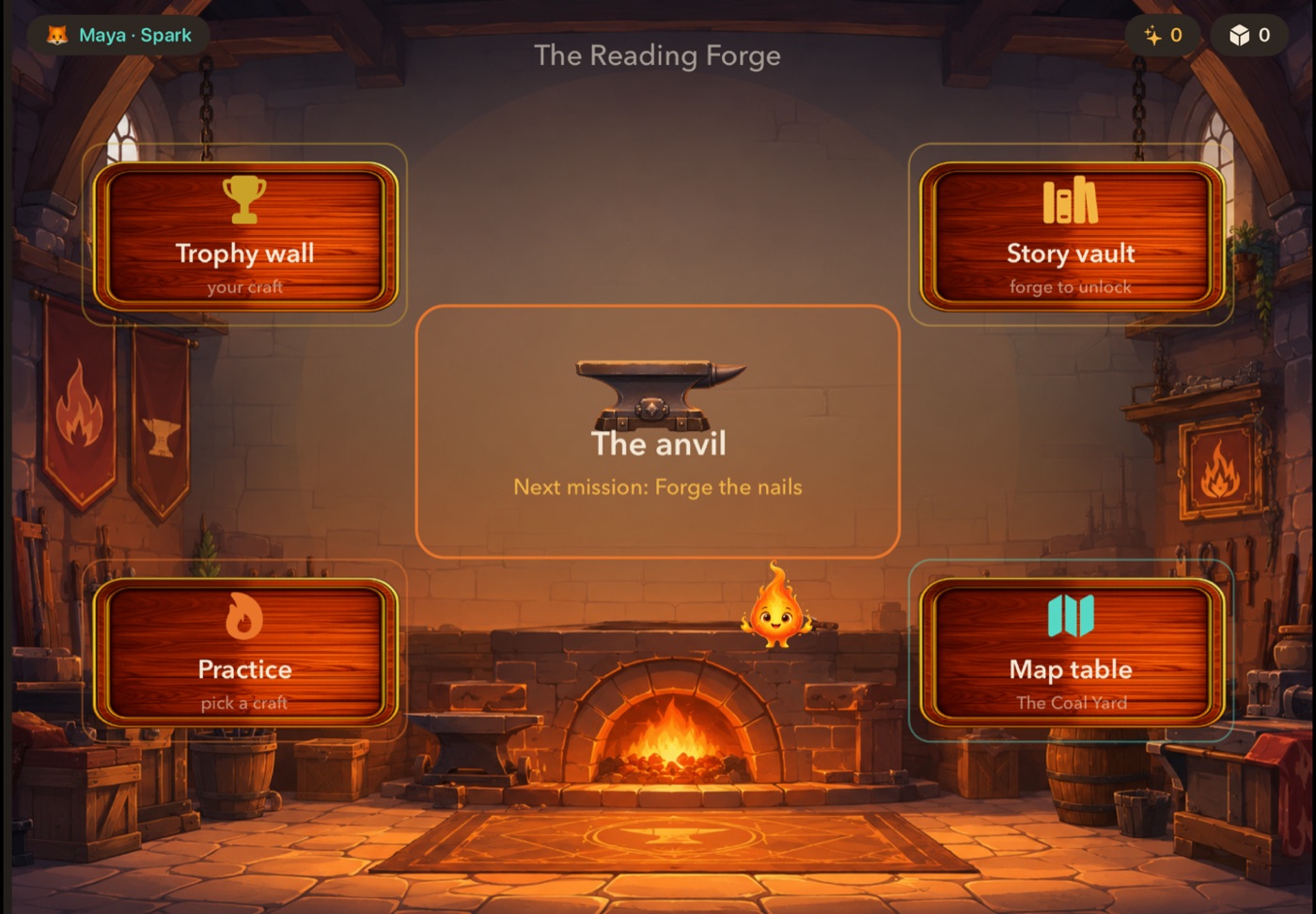 The Reading Forge hub with the anvil, story vault, trophy wall, and map table